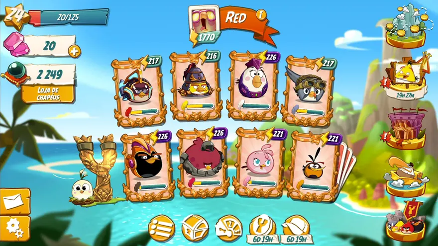 Oito pássaros em cartas com molduras douradas, nível 24 da conta, 20 gemas e 2 249 moedas, em Angry Birds 2