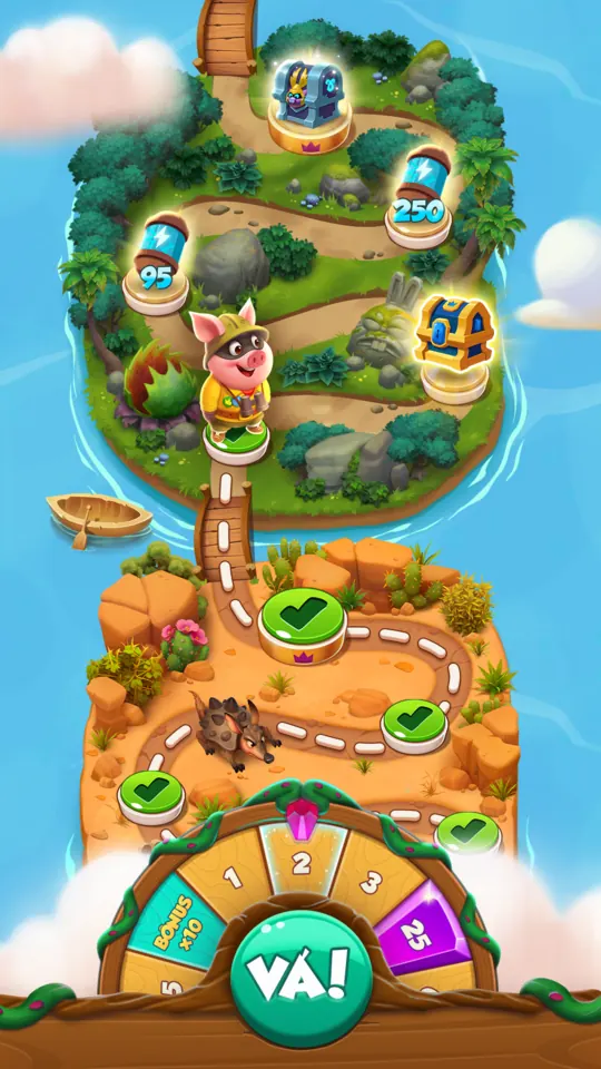 Mapa de duas ilhas ligadas por um caminho de etapas, com um porco explorador e uma pequena roda com o botão VÁ! em baixo