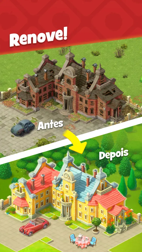 Mansão escura e abandonada em cima e a mesma casa pintada de amarelo com jardim arranjado em baixo, em Gardenscapes