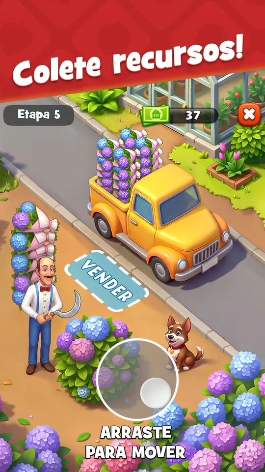 Carrinha amarela carregada de flores lilás a caminho de um sinal Vender, com o mordomo e um cão ao lado, na Etapa 5