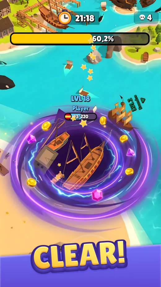 Buraco roxo a engolir barcos numa enseada pirata de Hole.io, com o relógio 21:18 e a barra em 60,2%