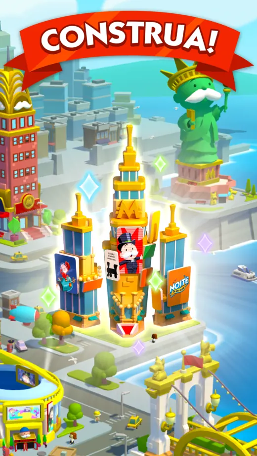 Cidade com arranha-céus dourados e a Estátua da Liberdade, sob a legenda Construa!