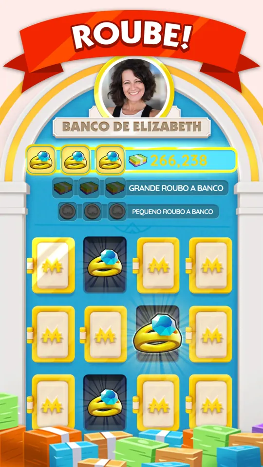 Ecrã Roube! com o Banco de Elizabeth, três anéis de diamante e 266,238 no topo e uma grelha de doze cartas
