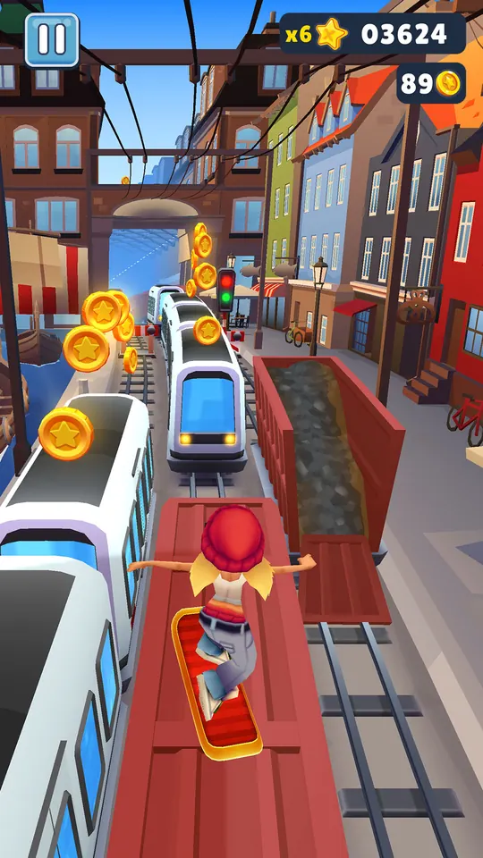 Corredora de gorro vermelho em cima de um skate voador, entre dois comboios, em Subway Surfers